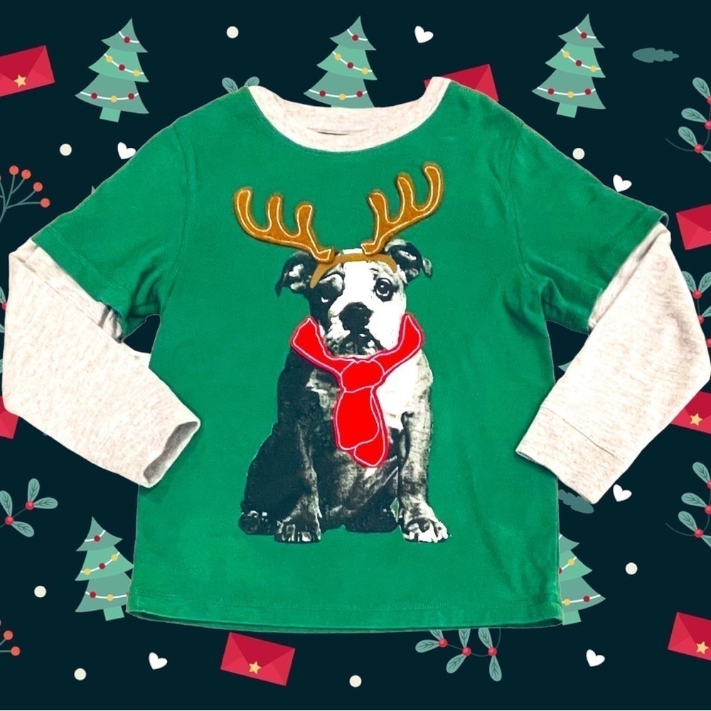 J Khaki Size 5 Layered Look Long Sleeve Christmas Appliqué Reindeer Pup